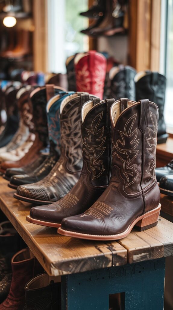 A collection of modern cowboy boots displayed in an elegant setting, highlighting various styles such as classic leather, exotic skins, and contemporary designs. The background should be rustic yet stylish, featuring wooden textures and soft lighting to emphasize the craftsmanship of the boots, while a pair of boots is showcased prominently in the foreground.