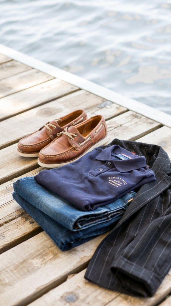 A photograph of a pair of classic brown boat shoes resting neatly beside a folded navy polo shirt, neatly stacked jeans and a charcoal gray blazer. The boat shoes are scuffed from use, showcasing their worn leather texture and white laces, while the polo shirt has the embroidered "CROCKETT & JONES" logo on the chest. The jeans are dark wash denim, and the blazer has subtle pinstripes, all arranged on a weathered wooden dock with sunlight dappling the surface. Soft, natural light illuminates the scene, creating a relaxed, summery feel.