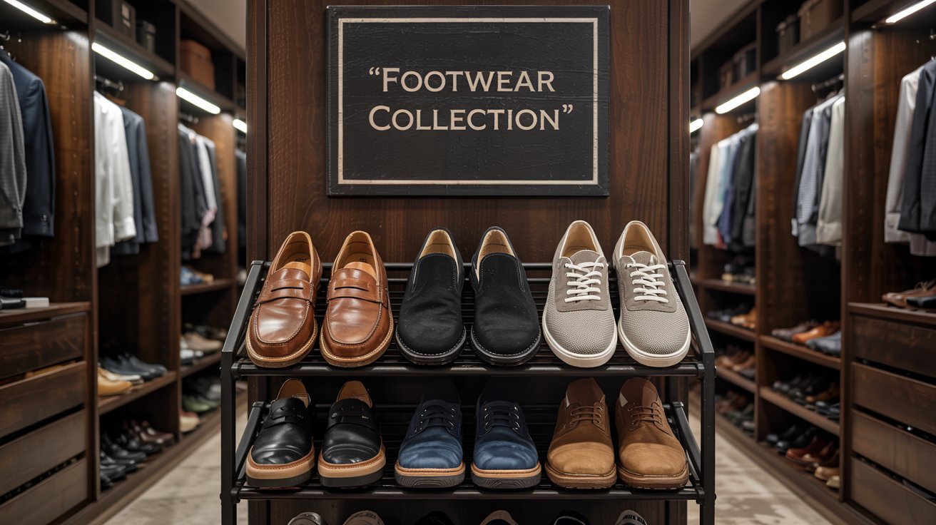 A photograph of a sleek, dark wood shoe storage rack neatly arranged inside a well-organized walk-in closet. The rack holds a variety of men's shoes - leather loafers, suede sneakers, and polished dress shoes – all meticulously aligned. A single "Gentleman's Essentials" sign hangs discreetly above the rack, and soft, diffused light streams in from a nearby window, highlighting the textures of the shoes and the clean lines of the closet's interior. The background shows neatly hung suits and shirts, suggesting a sophisticated and curated wardrobe.