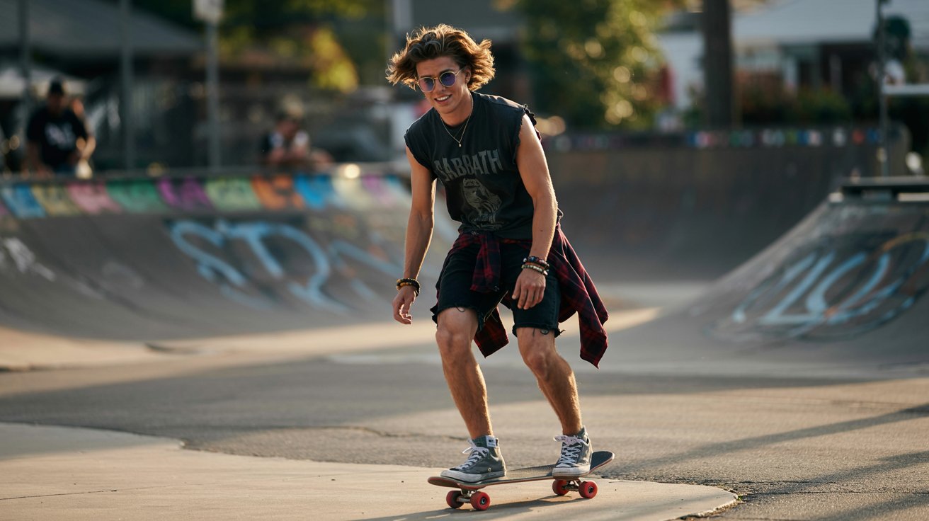 A guy with sun-bleached, tousled hair skates down a cracked sidewalk, wearing a sleeveless Black Sabbath tee and black cutoff shorts. A red flannel is tied around his waist, and his scuffed Converse show miles of wear. Round sunglasses and beaded bracelets catch the sunlight. The background is a suburban skate park with peeling stickers on ramps.