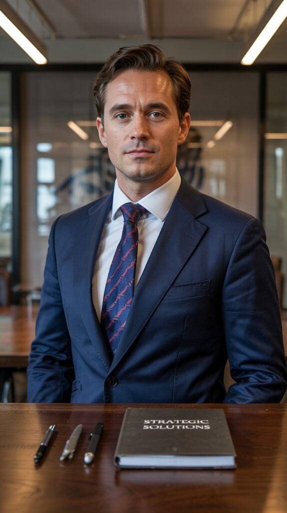Semi-Formal Outfits for Men: Perfect for Weddings A classic navy blue suit with a crisp white shirt and a bold patterned tie in navy and burgundy stripes. The outfit is timeless and professional. The setting is a corporate boardroom with a sleek wooden table