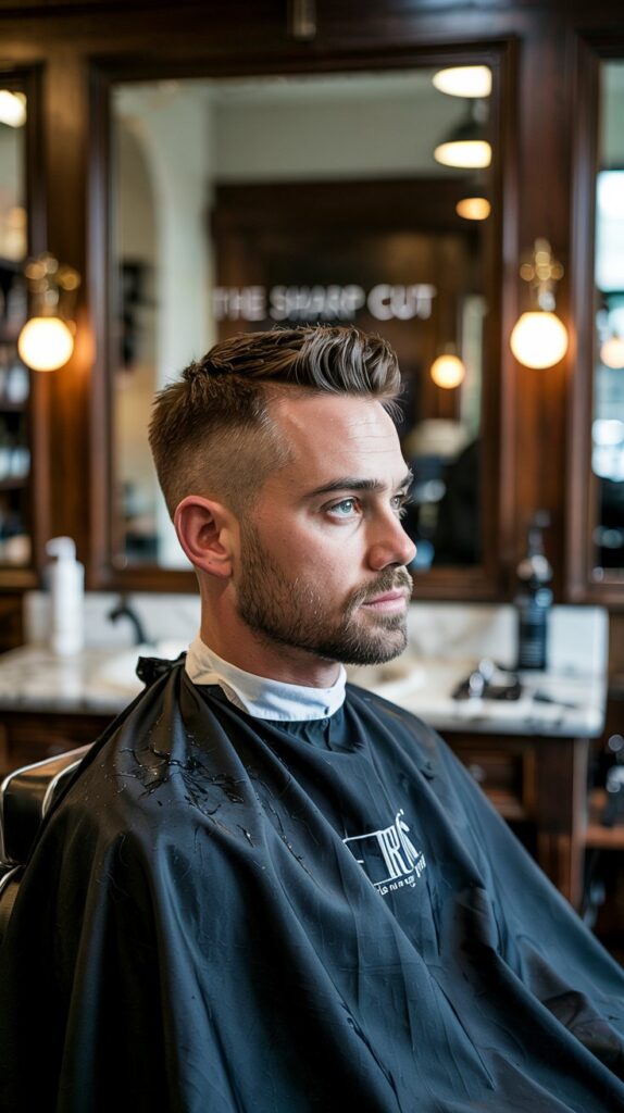 A well-groomed man in his early 30s sits in a modern barbershop’s leather chair, gazing confidently at the mirror. His fresh fade haircut—tapered sharply at the sides with textured volume on top—perfectly balances his angular jawline. A neatly trimmed beard, edged with precision, frames his face, accentuating his cheekbones. The barber’s hands are visible, applying a light beard oil for a healthy sheen. Warm, golden lighting highlights the crisp lines of his haircut and the subtle gradient of his beard. A minimalist white apron drapes over his tailored navy shirt, symbolizing the marriage of grooming and sophistication. The background features sleek barber tools and marble countertops for a luxury aesthetic.