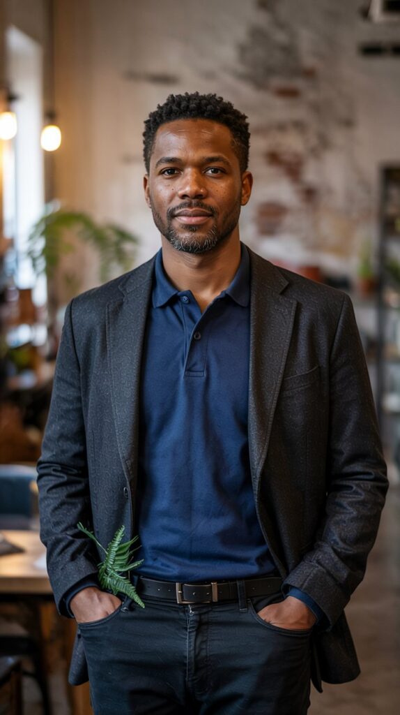 A professional portrait photograph of a confident Black man wearing a navy blue polo shirt layered with a charcoal grey blazer and dark wash jeans. He stands with a relaxed posture, his hands casually in his pockets, gazing directly at the camera with a warm, approachable smile and a neatly trimmed goatee. The background is a softly blurred urban loft space with exposed brick and warm, diffused lighting from a nearby window creating subtle shadows across his face and clothing. A single potted fern sits on a nearby table, adding a touch of natural elegance to the sophisticated setting.
