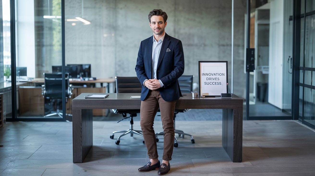 a man in a smart-casual outfit featuring brown jeans, a blazer, and loafers, standing in an office environment