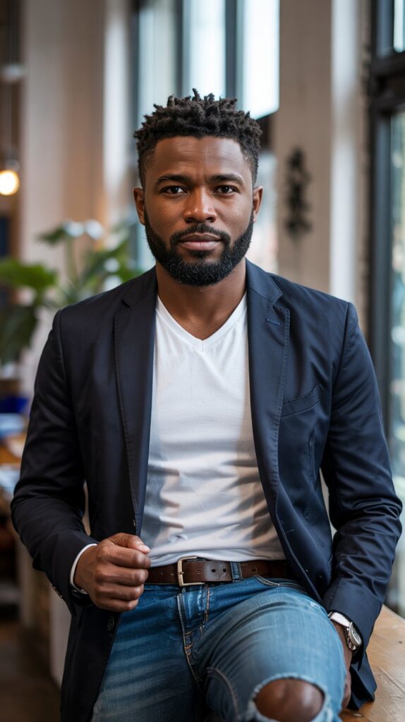 A professional portrait photograph of a stylish black man with a neatly trimmed beard, exuding confidence and sophistication. He is wearing a crisp v-neck white tee layered under a tailored navy blue blazer, complemented by light blue distressed jeans and polished brown loafers. Soft window light illuminates his face, creating gentle shadows and highlighting the textures of his clothing, while a blurred background of a modern urban loft with exposed brick and subtle greenery provides a sophisticated backdrop. The image conveys a sense of effortless style and understated elegance, with the focus sharply on the subject’s poised posture and engaging gaze.