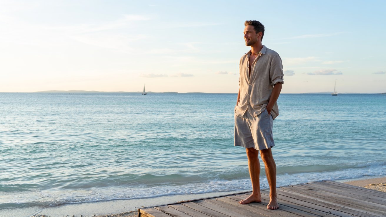 A man standing outdoors in natural daylight, wearing a short sleeve linen shirt and lightweight linen shorts. The shirt is untucked. Neutral tones like beige, off-white, or light gray. The man is barefoot or in simple sandals, surrounded by minimal scenery—think a beach, desert, or a simple patio with stone or wood elements. The mood is effortless, breathable, and summery.