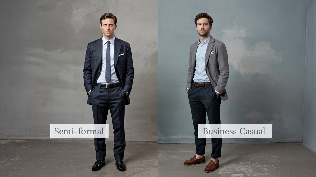 A stylish side-by-side comparison of men's semi-formal and business casual outfits. On the left, a man wears a tailored navy suit with a crisp white dress shirt, silk tie, and polished oxford shoes (semi-formal). On the right, a man wears a light gray blazer with a light blue button-down, dark chinos, and brown leather loafers (business casual). Both stand confidently against a neutral studio backdrop, with soft lighting highlighting the textures. A minimalist label below each look distinguishes the dress codes.