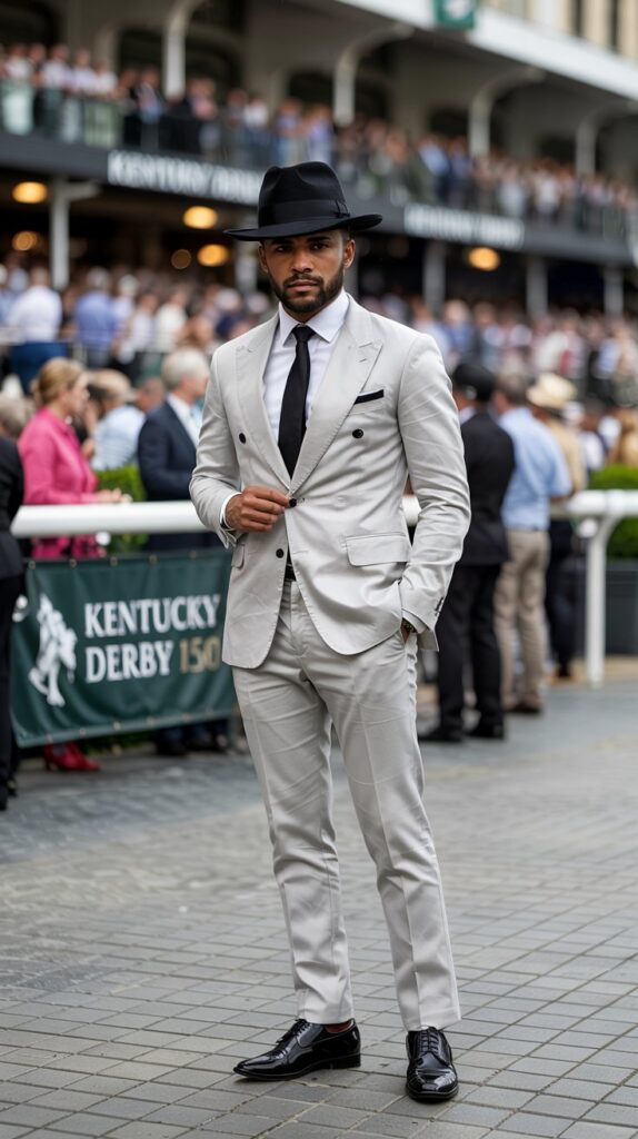 A striking, high-fashion photograph captures a sleek, modern man radiating confidence at the Kentucky Derby. He stands poised, impeccably dressed in an all-white linen suit paired with a crisp black dress shirt, a slim black tie, and a sharply angled black fedora, accented by polished black leather shoes. The bright daylight illuminates his tailored silhouette against a blurred backdrop of the Derby's vibrant track and elegantly dressed spectators, creating a minimalist and sophisticated atmosphere. A subtle hint of the "Kentucky Derby 150" banner is visible in the distance, further establishing the scene's setting and adding a touch of event-specific detail.