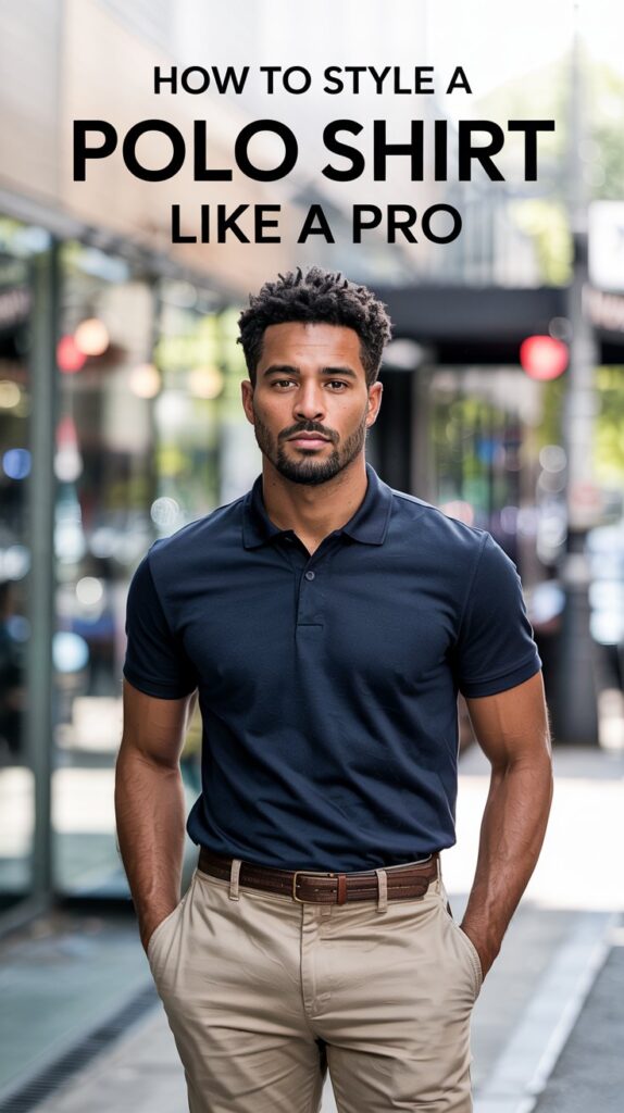 A stylish promotional poster for "How to Style a Polo Shirt Like a Pro". The poster features a confident black man in his late 20s, wearing a crisp navy blue polo shirt tucked into light tan khakis, posing with a relaxed yet sophisticated stance against a softly blurred backdrop. Behind him, a modern, minimalist living room is visible with a leather armchair and a subtle abstract painting, bathed in warm, diffused natural light from a nearby window. The text "How to Style a Polo Shirt Like a Pro" is prominently displayed in a bold, modern sans-serif font centered at the top of the poster.