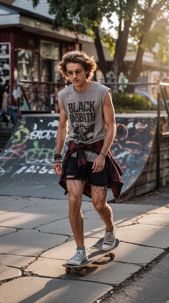 A guy with sun-bleached, tousled hair skates down a cracked sidewalk, wearing a sleeveless Black Sabbath tee and black cutoff shorts. A red flannel is tied around his waist, and his scuffed Converse show miles of wear. Round sunglasses and beaded bracelets catch the sunlight. The background is a suburban skate park with peeling stickers on ramps.