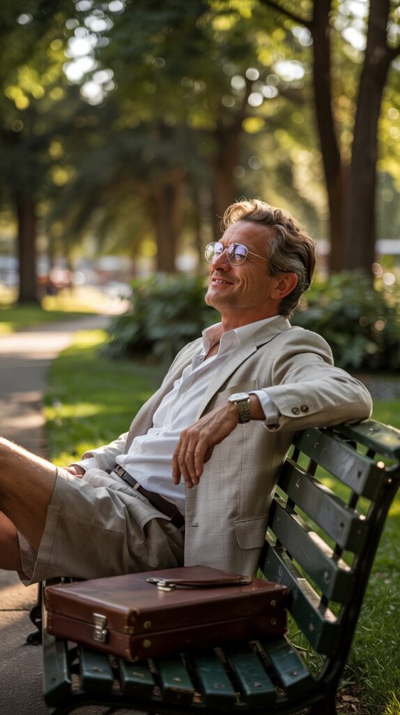 A sun-drenched lifestyle photograph captures a distinguished man relaxing on a park bench, sporting a crisp linen short set and classic aviator glasses. He is leaning back slightly, his gaze directed towards "the afternoon sun" with a relaxed, contemplative expression, his salt-and-pepper hair neatly combed. The background features a blurred vista of lush green trees and a winding pathway, bathed in the warm glow of late afternoon sunlight, creating a sense of peaceful serenity. A vintage leather briefcase rests casually beside him on the bench, hinting at a life of sophistication and leisure.