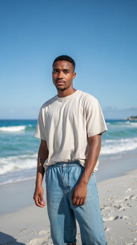 A sun-drenched portrait photograph of a young Black man standing confidently on a white sand beach. He is wearing light blue, long baggy shorts and a simple white t-shirt, with a relaxed and approachable demeanor. 