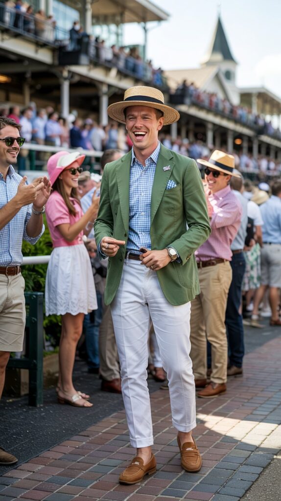 A vibrant, candid photograph captures a preppy man radiating joy at the Kentucky Derby. He is laughing heartily, dressed in a pastel green blazer, crisp white linen pants, a light blue gingham shirt, tan loafers, and a classic straw boater hat, all contributing to a refined, yet relaxed aesthetic. Behind him, a blurred tableau of cheering friends in colorful Derby attire and a glimpse of the racetrack’s iconic twin spires create a festive backdrop. Golden afternoon sunlight bathes the scene, enhancing the cheerful atmosphere and highlighting the man’s genuine smile as he enjoys “the Derby”.