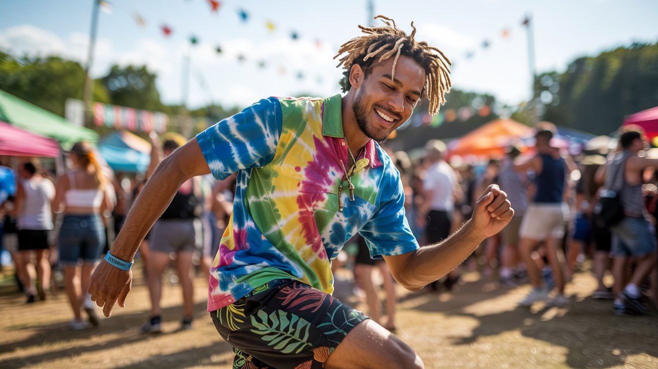 a man dressed in a festival-ready outfit with vibrant patterns, including a tie-dye shirt and patterned shorts, dancing in a lively outdoor festival atmosphere