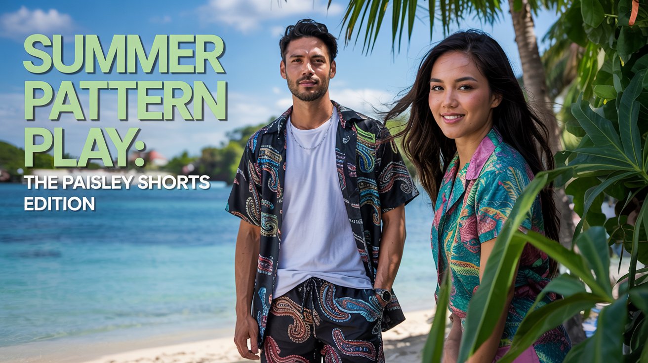 a man wearing black paisley swim shorts with a white basic tee with a beautiful Filipino woman