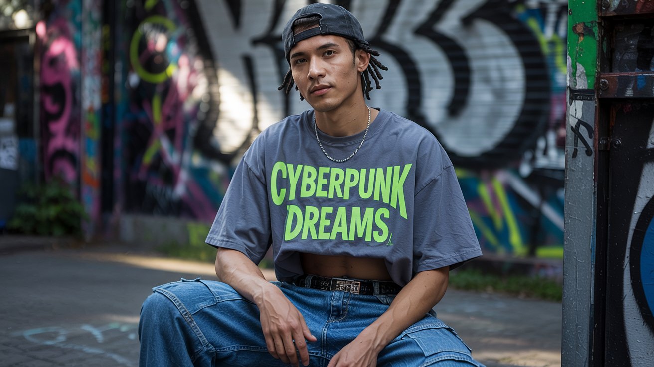 a young man wearing a y2k era outfit with a fitted hat, baggy jeans and oversized shirt
