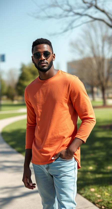 a black man wearing shades, Light Blue Jeans with orange long sleeve basic tshirt at a park