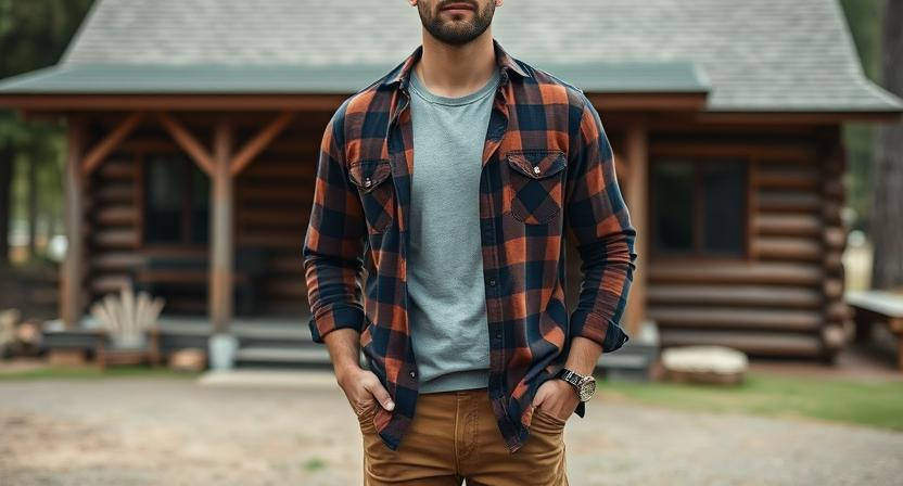 a man in a stylish plaid flannel shirt layered over a plain tee, combined with brown khakis for a laid-back appearance in front of a cabin