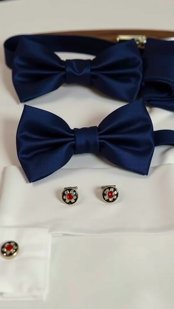 A collection of navy bow ties, cufflinks, and shirt studs arranged elegantly.