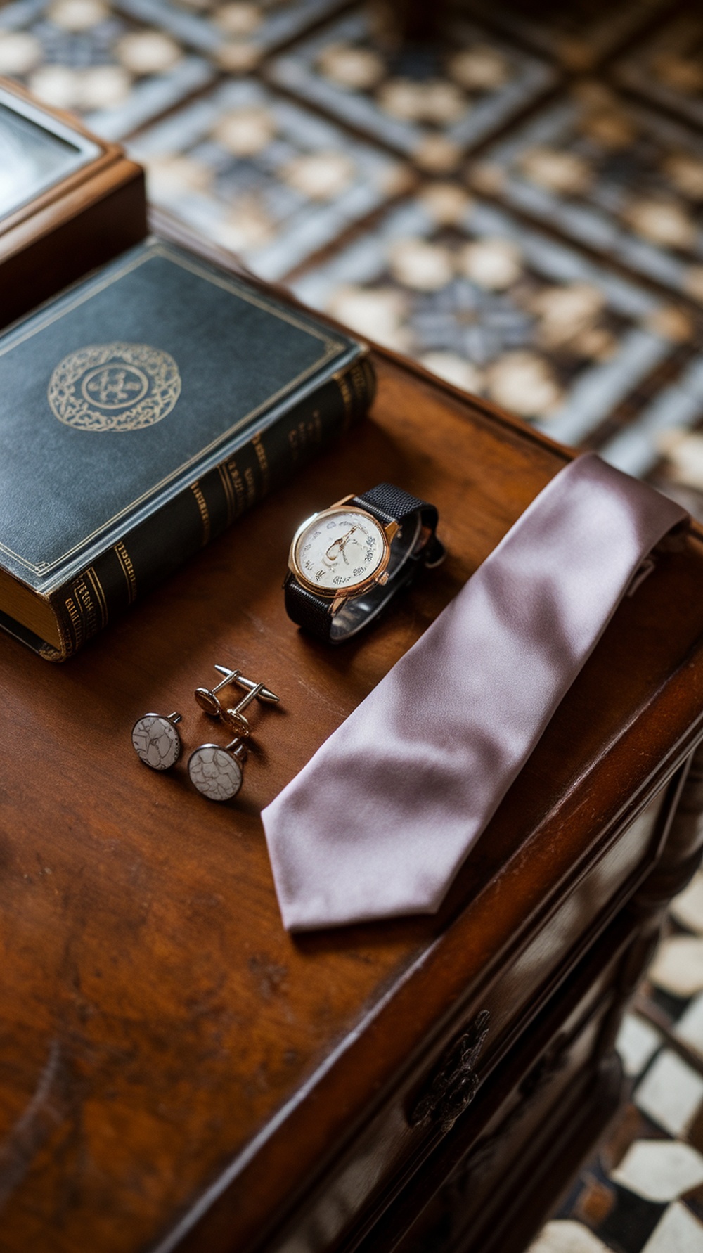 A stylish arrangement of a watch, cufflinks, a tie, and a book on a wooden table.