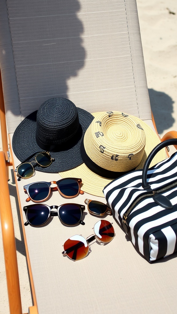 A collection of hats and sunglasses on a lounge chair at the poolside
