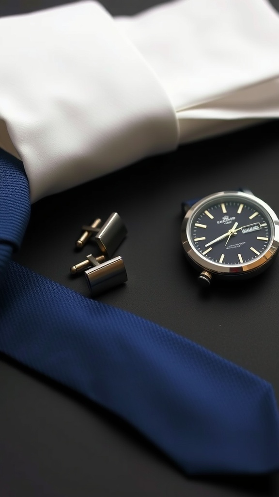 A close-up of a blue tie, white shirt cuffs, cufflinks, and a stylish watch