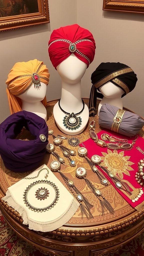 A variety of colorful turbans and jewelry displayed on a table, showcasing traditional wedding accessories.