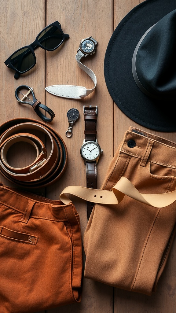 A flat lay of brown jeans and various accessories including watches, belts, sunglasses, and a hat.