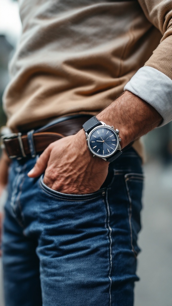 Close-up of a man wearing jeans and a watch, showcasing a polished look.