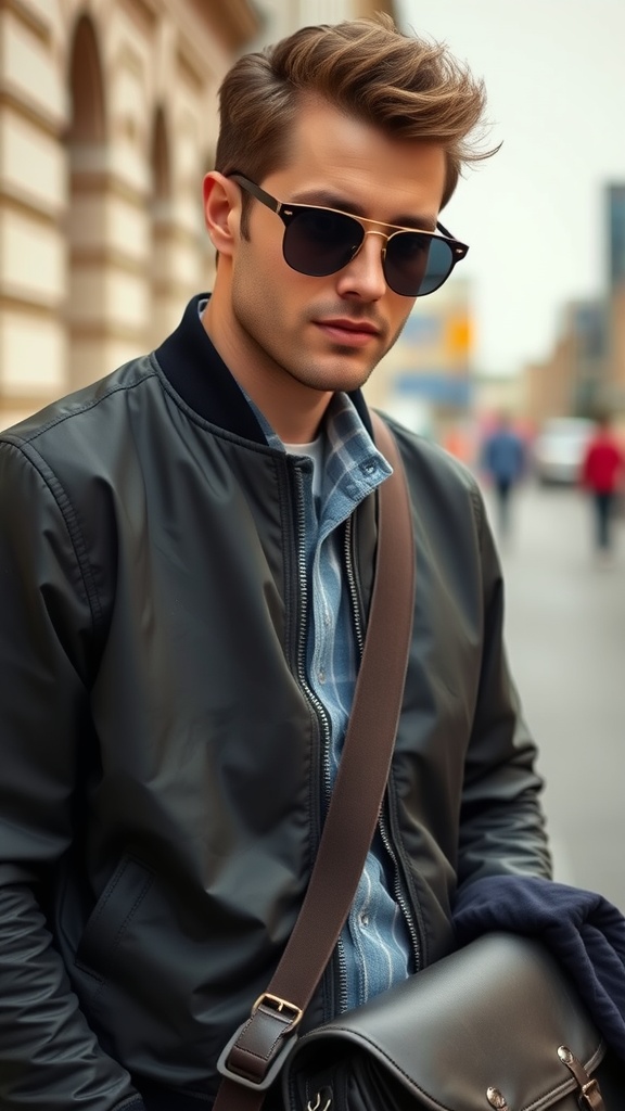 Fashionable individual wearing a bomber jacket and sunglasses, holding a clutch purse.
