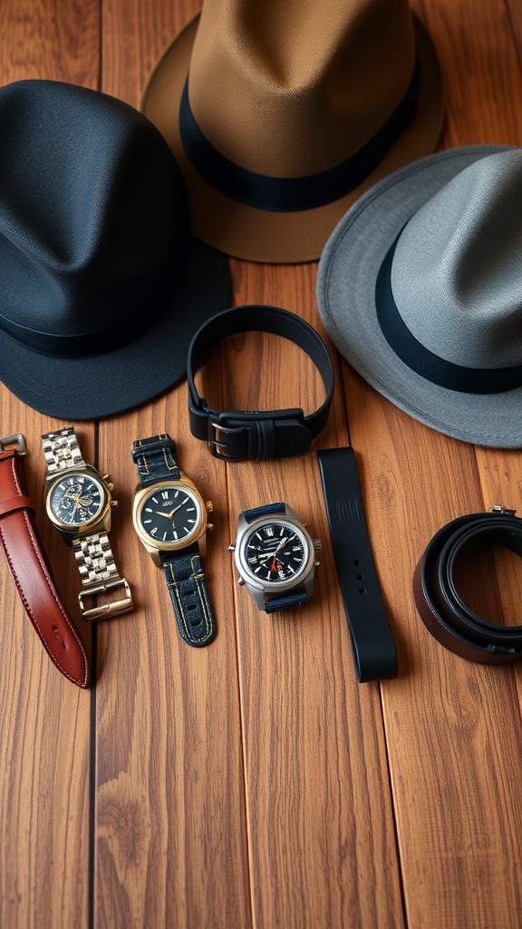 An arrangement of hats, watches, and belts on a wooden surface.