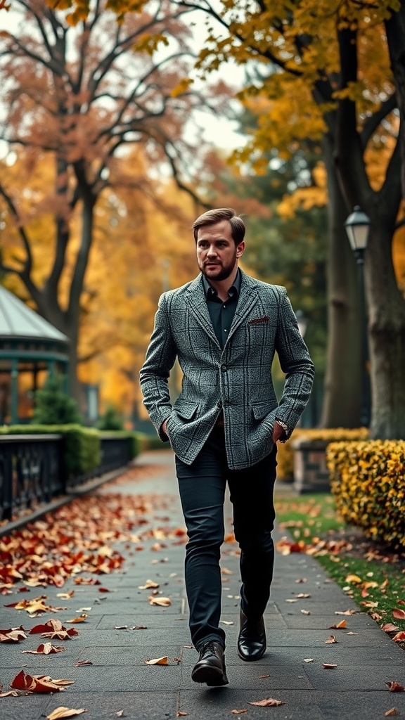 A man walking in a park wearing a tweed blazer and black jeans during autumn.