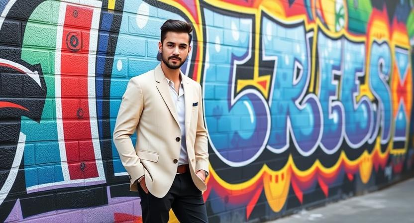 A poster for "10 Stylish Blazers to Wear with Black Jeans" The central text stands out in bold contrast to the background. Put a black man wearing black jeans and a blazer with his curvy Cuban girlfriend in the background.