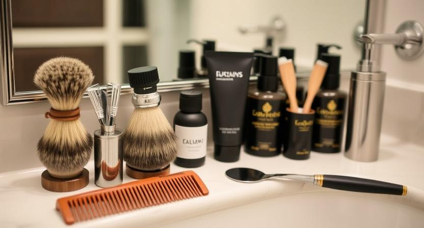 a grooming station featuring high-quality shaving supplies, a comb, and skincare products in a stylish bathroom setting