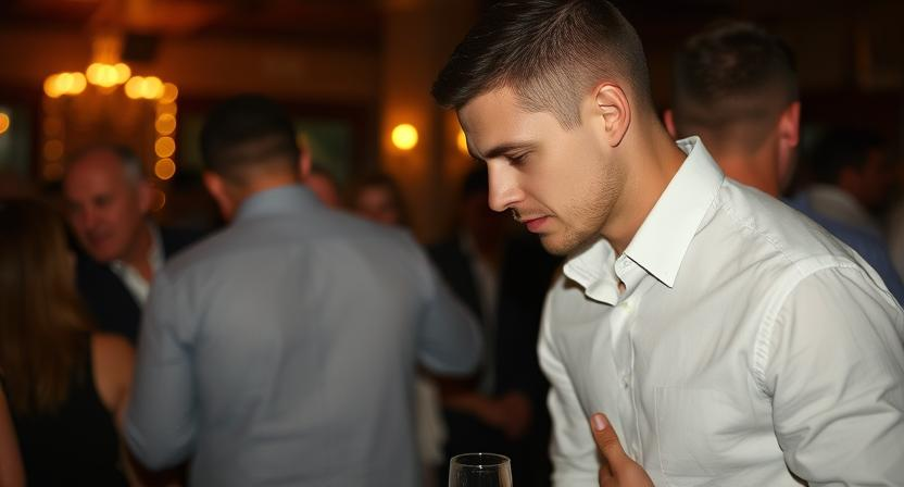 a man wearing an Oxford shirt at a party