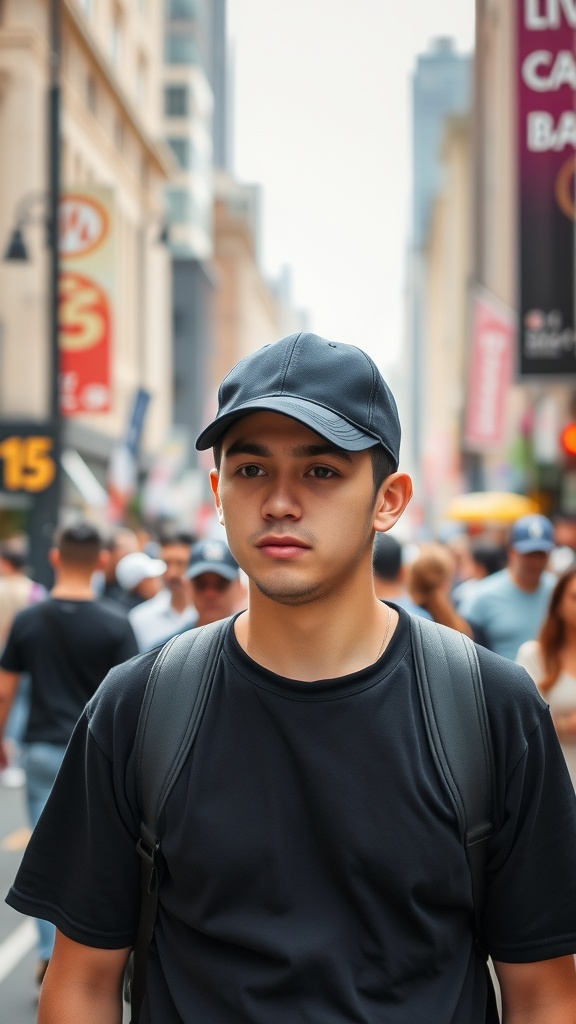 Young man in black t-shirt and baseball cap walking in a busy city street