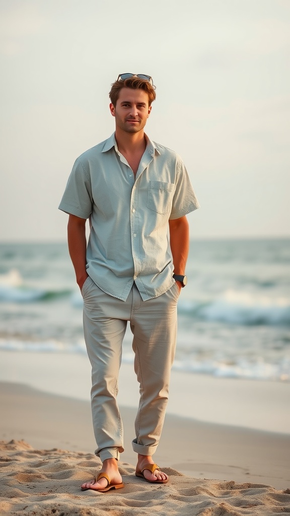 Man in light chinos and a short-sleeve shirt standing on the beach with waves in the background.