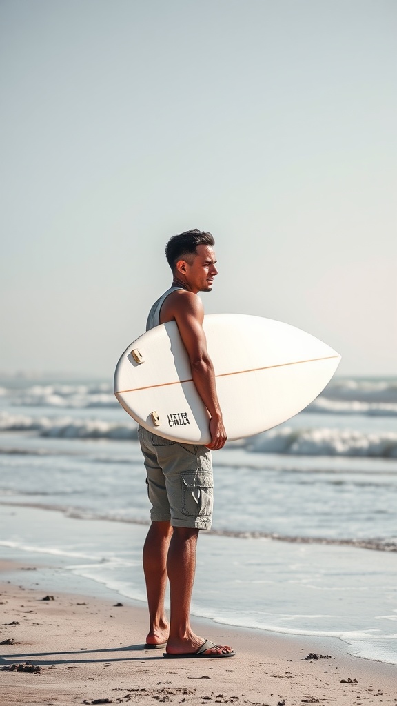 Man in tank top and cargo shorts holding a surfboard at the beach.