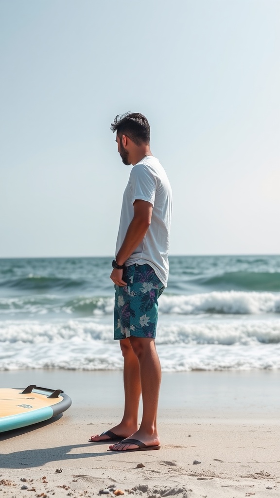 A man standing on the beach in a casual outfit, looking at the ocean with a surfboard nearby.