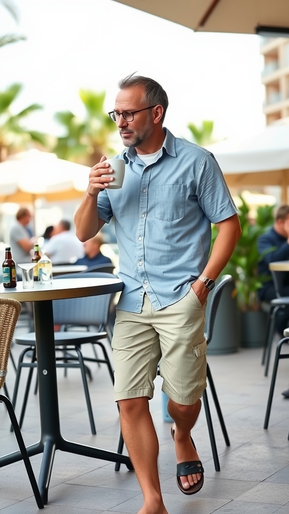 A man walking in a casual outfit featuring Bermuda shorts and a button-up shirt, holding a cup at a café.