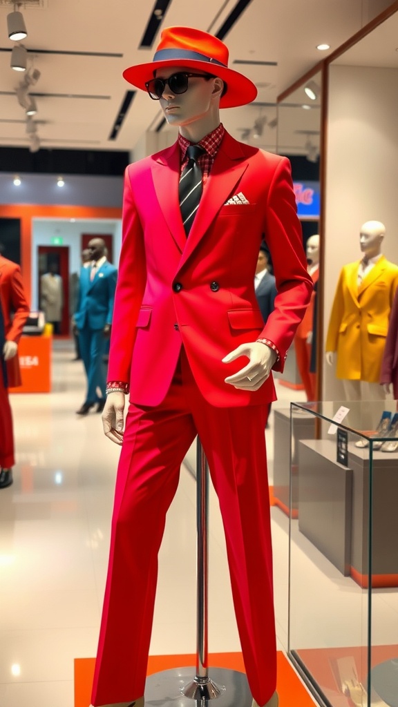 A mannequin dressed in a bold color suit featuring a purple blazer and red pants, complemented with stylish sunglasses.