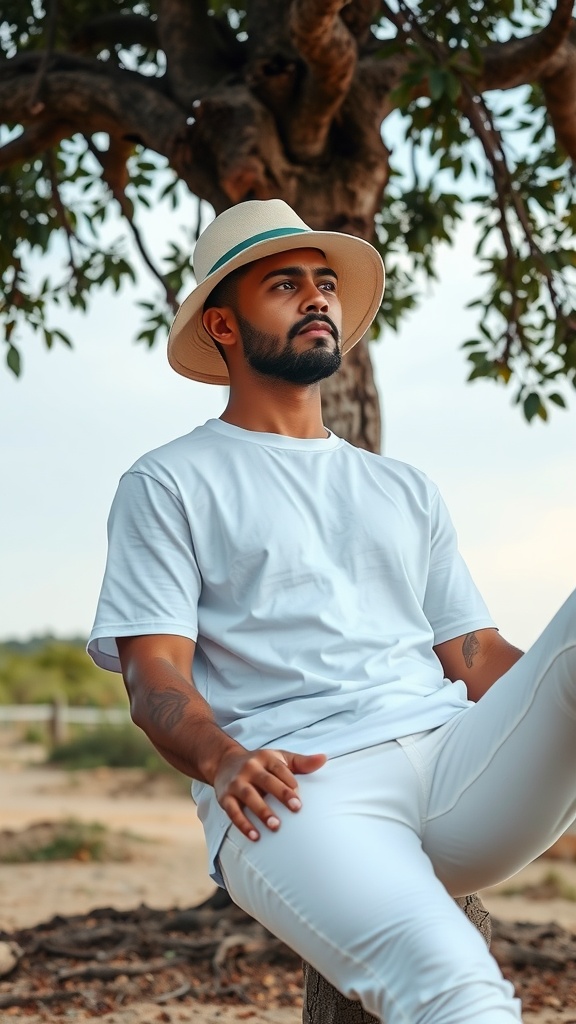 A man sitting under a tree wearing a bold cotton bucket hat, a white basic tee, and white jeans.