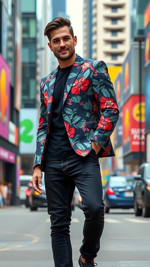 A man wearing a colorful patterned blazer with black jeans, standing confidently on a city street.
