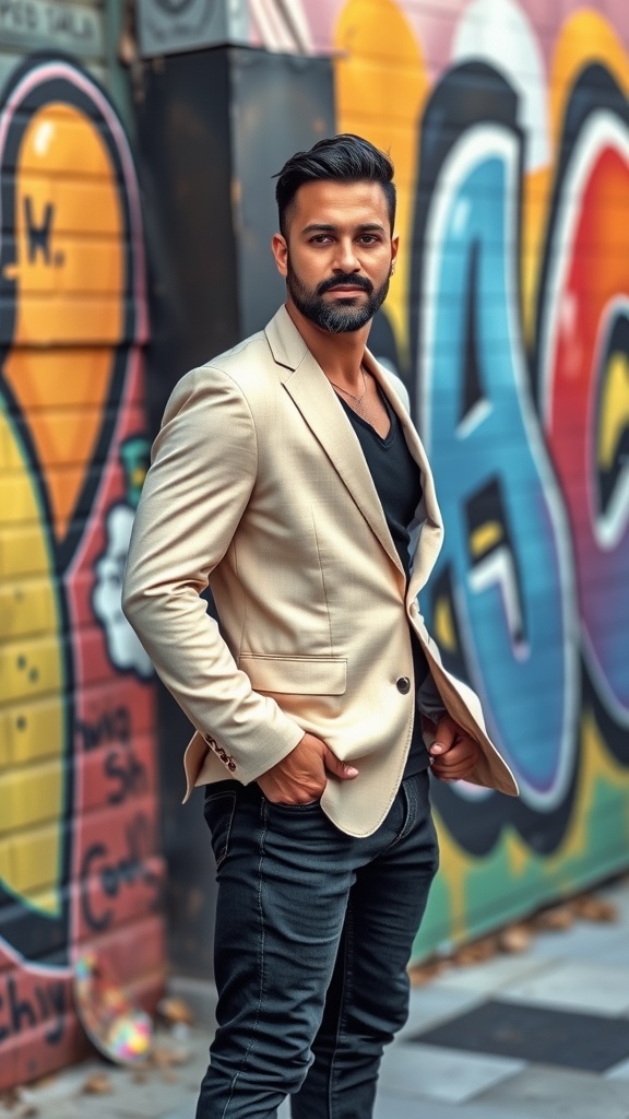 A man wearing a light-colored blazer with black jeans, standing against a colorful graffiti wall.