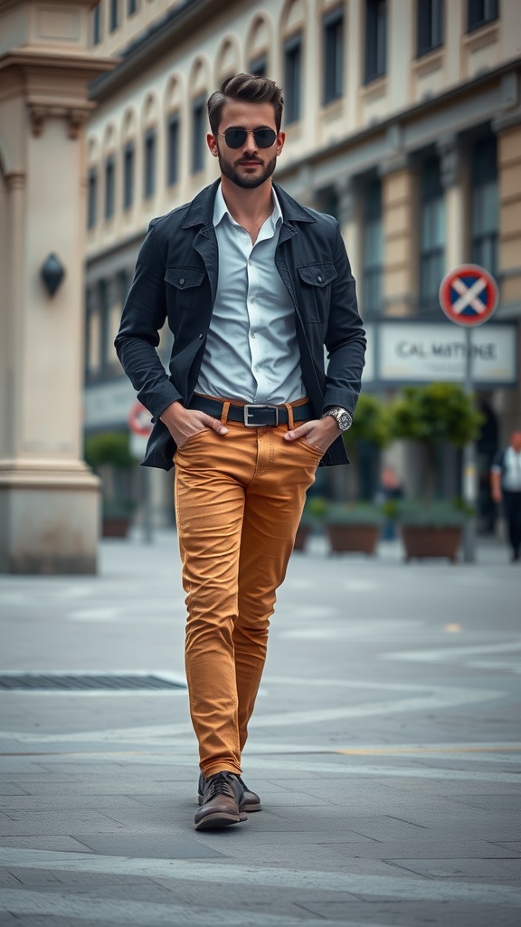 A man wearing brown jeans, a white shirt, and a dark jacket walking confidently in an urban environment.