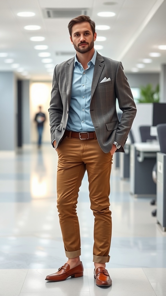 A man in brown jeans, a light blue shirt, and a tailored blazer in a business setting.