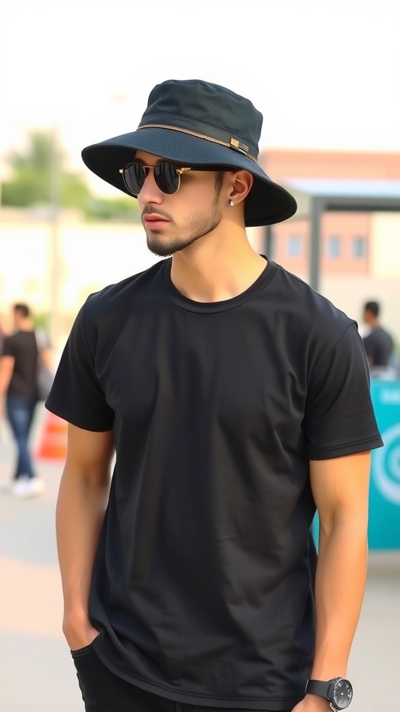A woman wearing a black bucket hat with a black t-shirt and blue jeans, exuding a casual and stylish look.