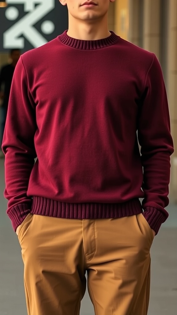 A man wearing a burgundy crewneck sweater with brown khakis, standing confidently.