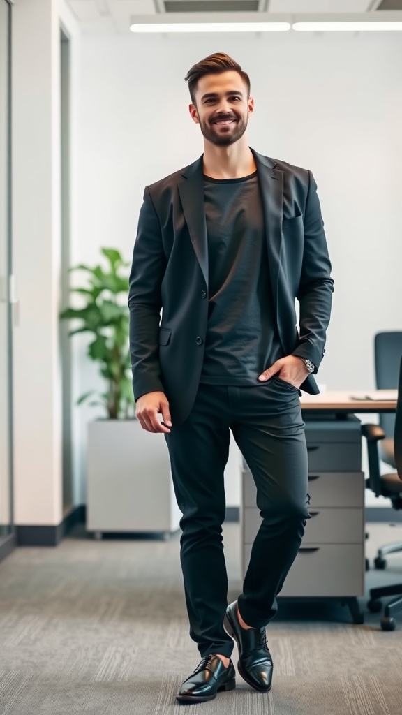Man in a black blazer and black tee standing confidently in an office setting.