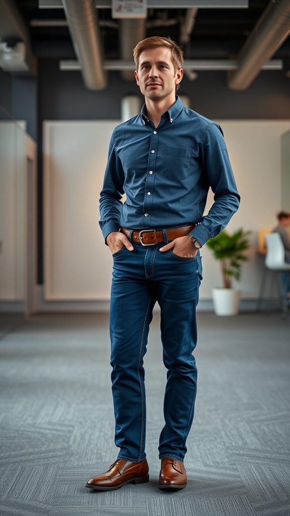 A man in dark blue jeans and a fitted button-up shirt in a modern office setting.
